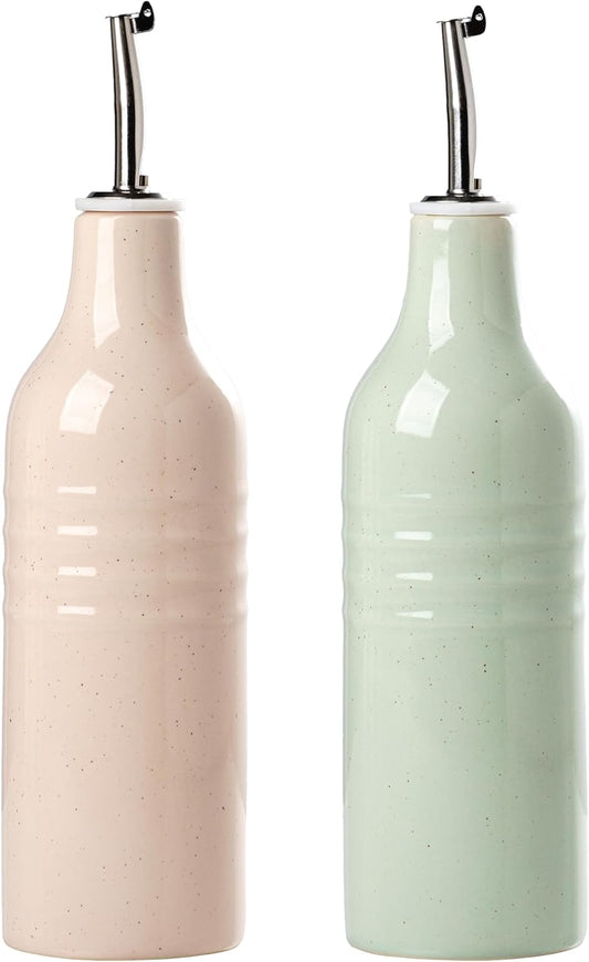 famiware Jupiter 16oz Ceramic Olive Oil Dispenser Bottle, Olive Oil and Vinegar Dispenser Bottle Set of 2 with Stainless Steel Pourers, Suitable for Storage Vinegar, Liquids, Light Pink & Light Green