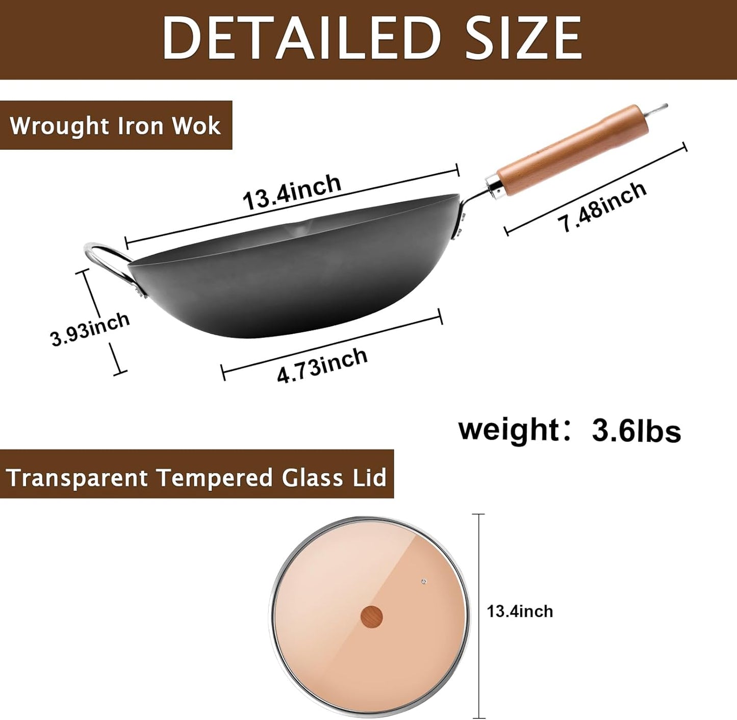 WANGYUANJI Carbon Steel Wok Pan, 13.4" Woks & Stir-Fry Pans with Glass Lid No Chemical Coated Flat Bottom Iron Wok for Induction, Electric, Gas, Halogen All Stoves