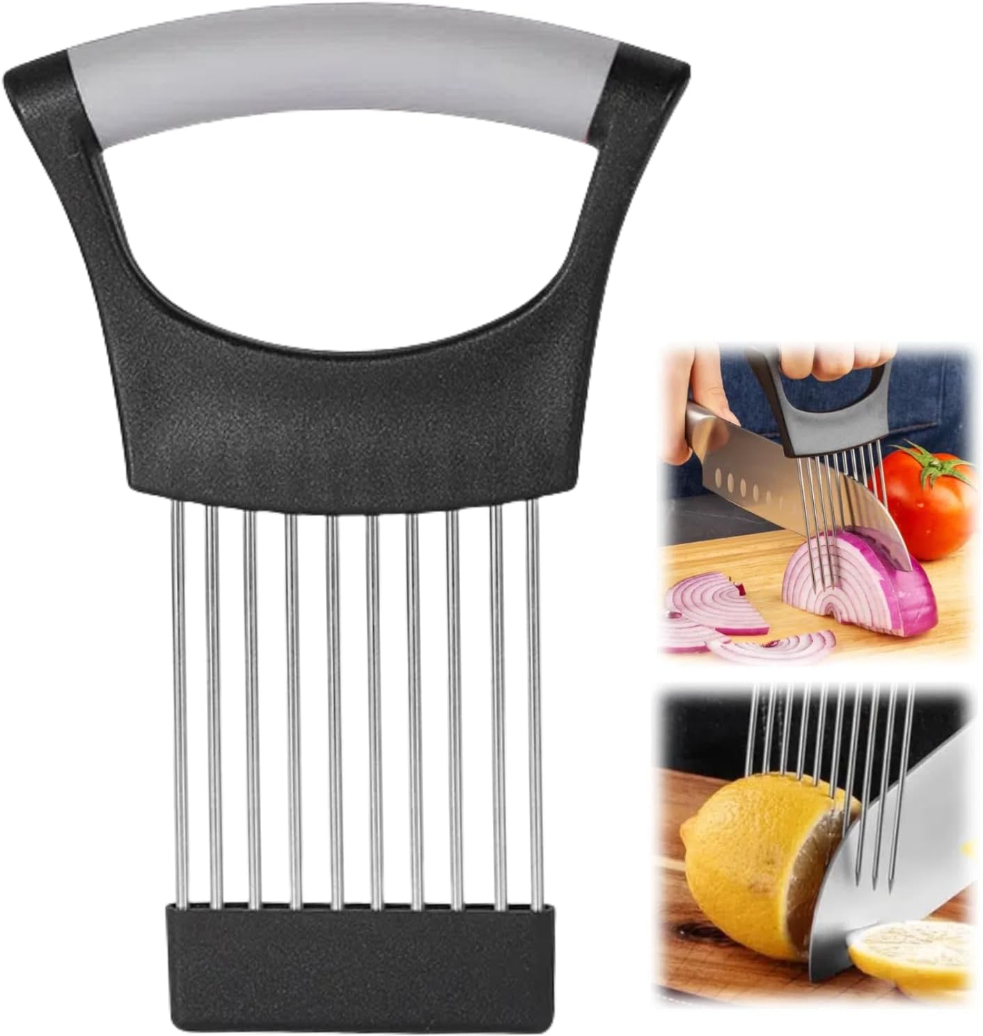 Onion Slice Holder - 2024 New Stainless Steel Slicing Assistant Tool for Onion, Meat, Potato, Tomato - Kitchen Gadget Chopper Cutter (Grey, 1 Pack)
