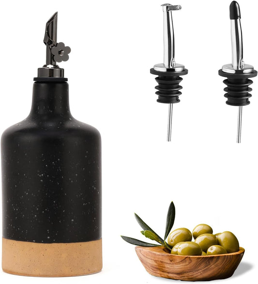 HOMCDALY Ceramic Olive Oil Dispenser Bottle, 16oz Oil Dispenser Bottle for Kitchen, Cooking Oil Dispenser, Kitchen Dispenser for Oil Vinegar Syrups(Black&Brown