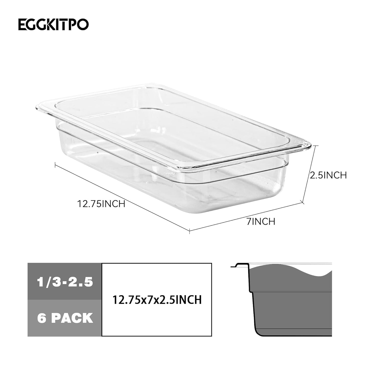 6-Pack 1/3 Size Food Pan 2.5 Inch Deep BPA Free Polycarbonate Food Storage Containers Stackable Clear Hotel Pan for Buffet Party Supplies Dishwasher Freezer Safe