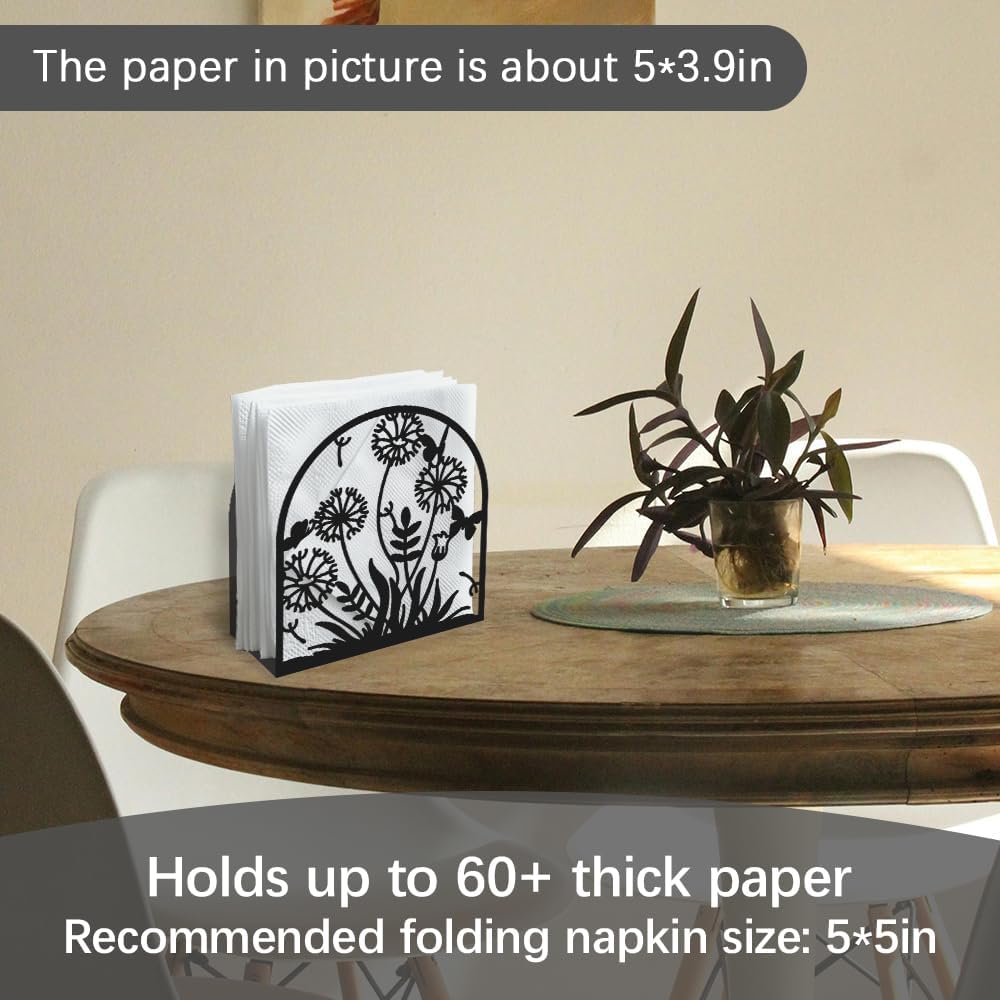 Dandelion Decorative Black Metal Napkin Holder for Table, 5.3" x 4.9" x 1.9" Grass Flower Standing Napkin Holder for Home Kitchen Restaurant Picnic Party Coffee Bar Dining Room