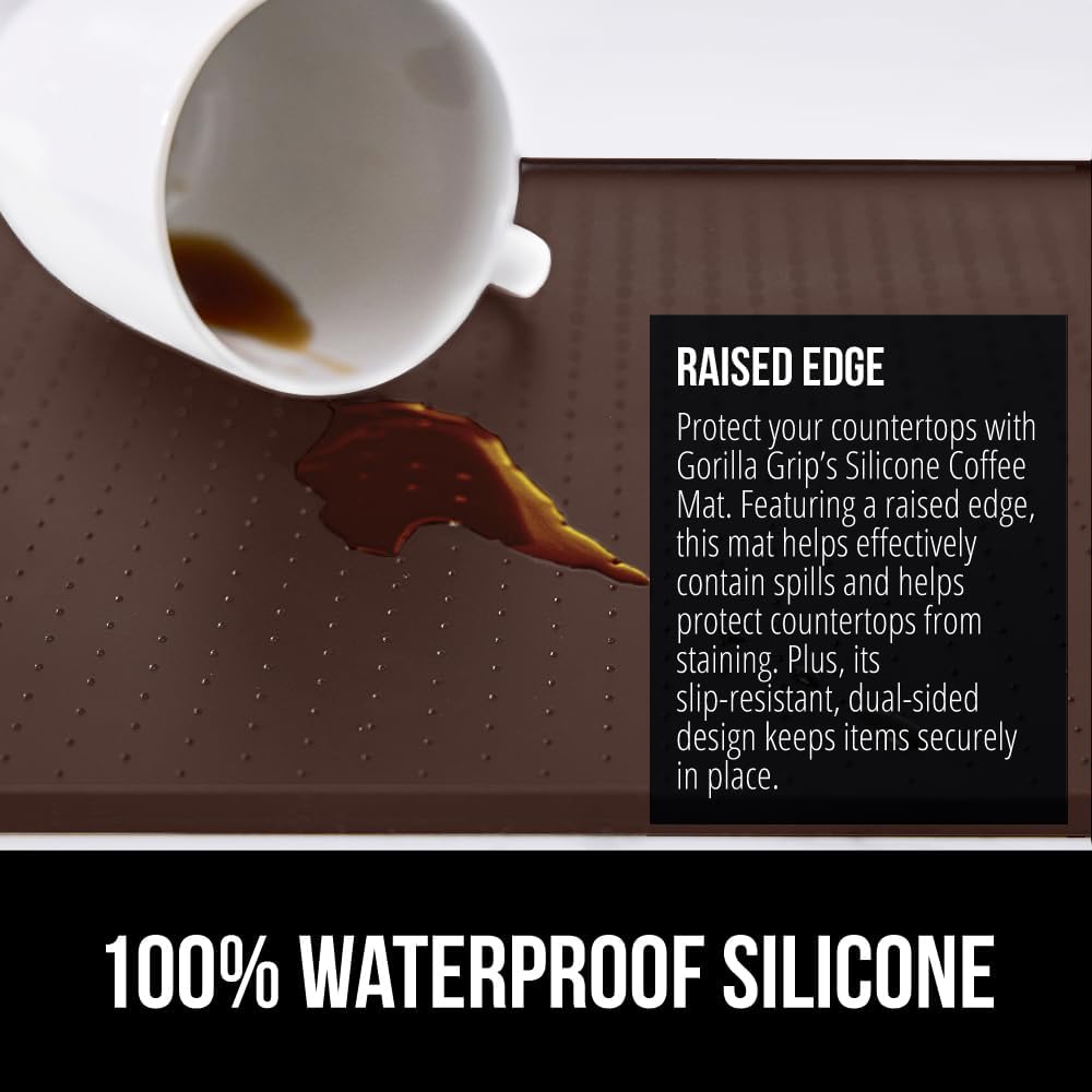 GORILLA GRIP Silicone Coffee Mat, Espresso Drink Bar Station Accessories, Waterproof Heat-Resistant Dish Drying Mats, Stay in Place on Kitchen Counter, Home Kitchen Decor Essentials, 10x14, Brown