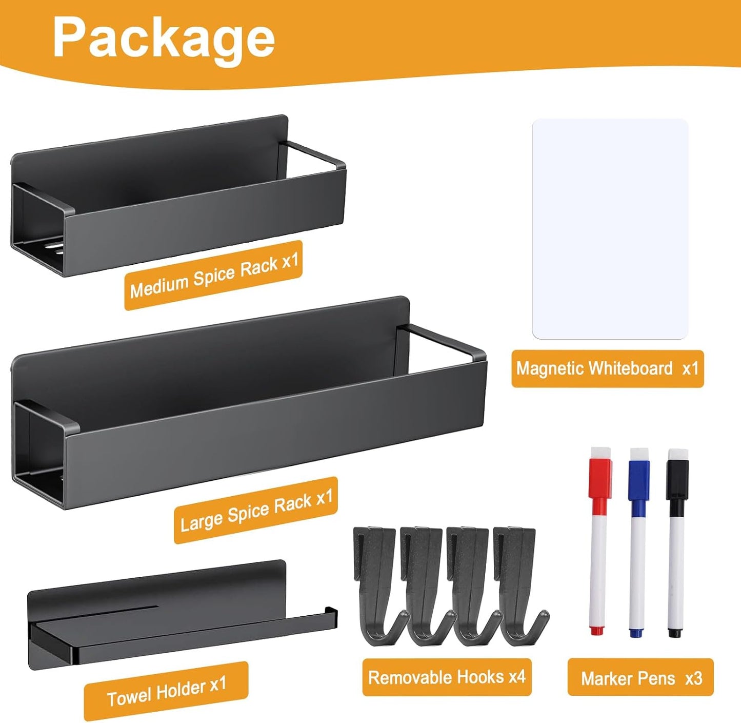 4 Pack Magnetic Spice Rack for Refrigerator,Metal Magnetic Shelf Black with Paper Towel Holder,Whiteboard,3 Markers,4 Hooks,Space Saving for Home,Kitchen