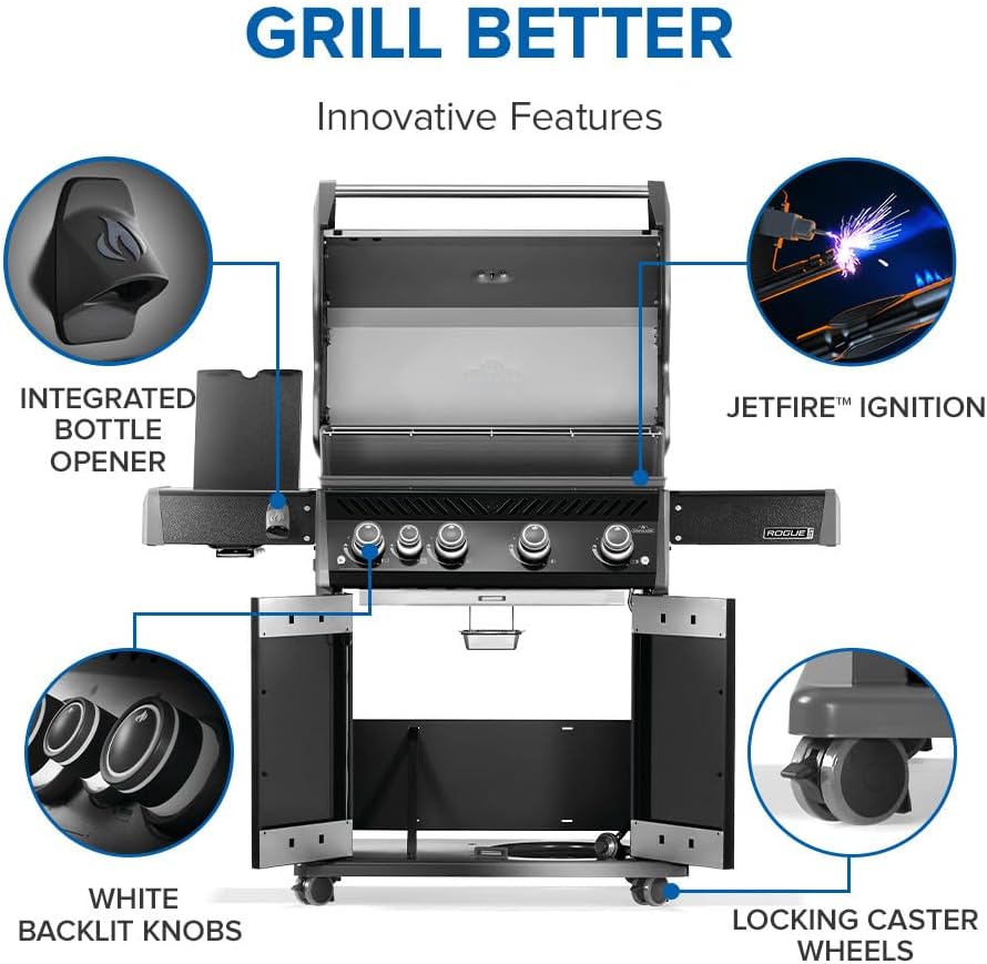 Napoleon Rogue PRO 525 Natural Gas Grill with Infrared Side Burner, Black, Durable 5-Burner Cooking Surface