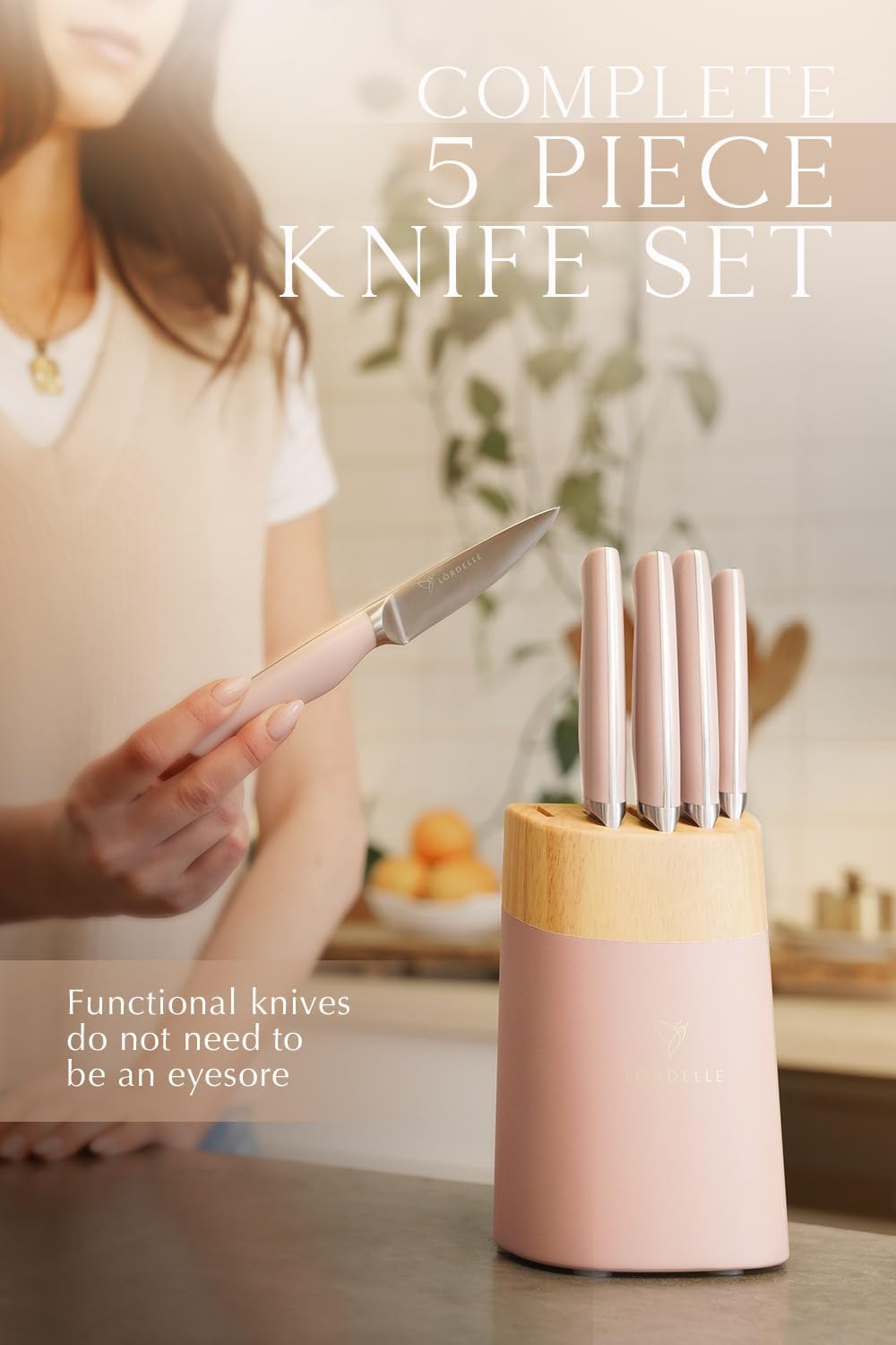 Lordelle Knife Block Set - 5 Piece Set - Rosewood Pink - Lifestyle Home Kitchen Design - German X50 Stainless Steel - ABS Handle - Ash Wood Block - Cooking Chef Knife, Santoku, Paring, Utility