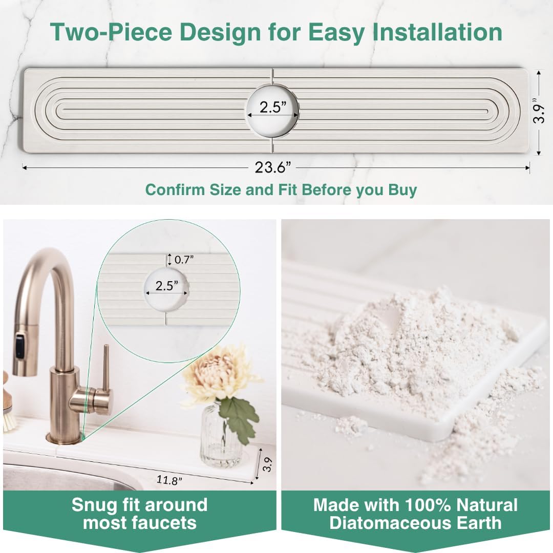 Drying Stone Faucet Mat for Kitchen Sink | Diatomite Sink Tray | Super Absorbent Quick Drying Stone Mat | Kitchen Tray for Counter | Faucet Splash Guard for Bathroom Counter (White, 23.6" x 3.9")