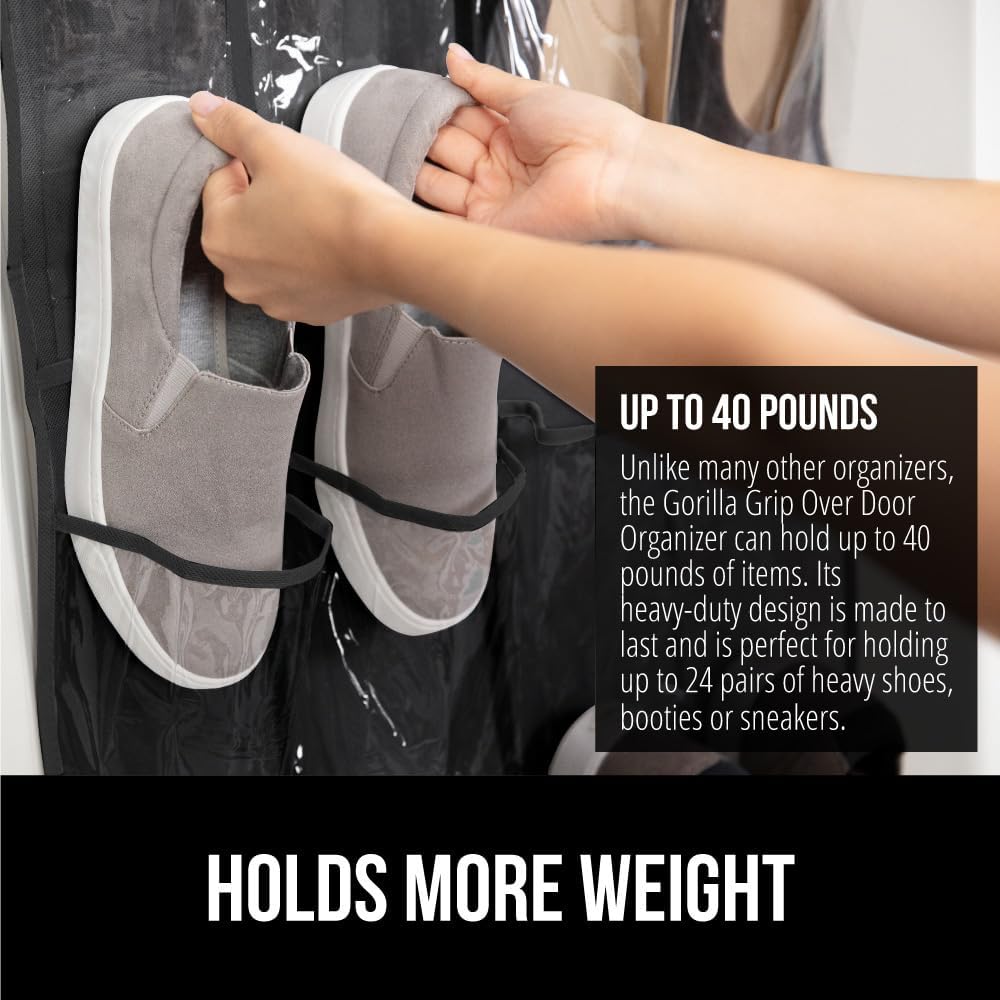 GORILLA GRIP Over the Door Shoe Organizer, 24 Large Breathable PVC Pockets, Space Saving Hanging Storage Holder, Closet Rack Hanger Holds Up to 40 lbs, Hangs on Closets for Shoes 2 Pack, Black