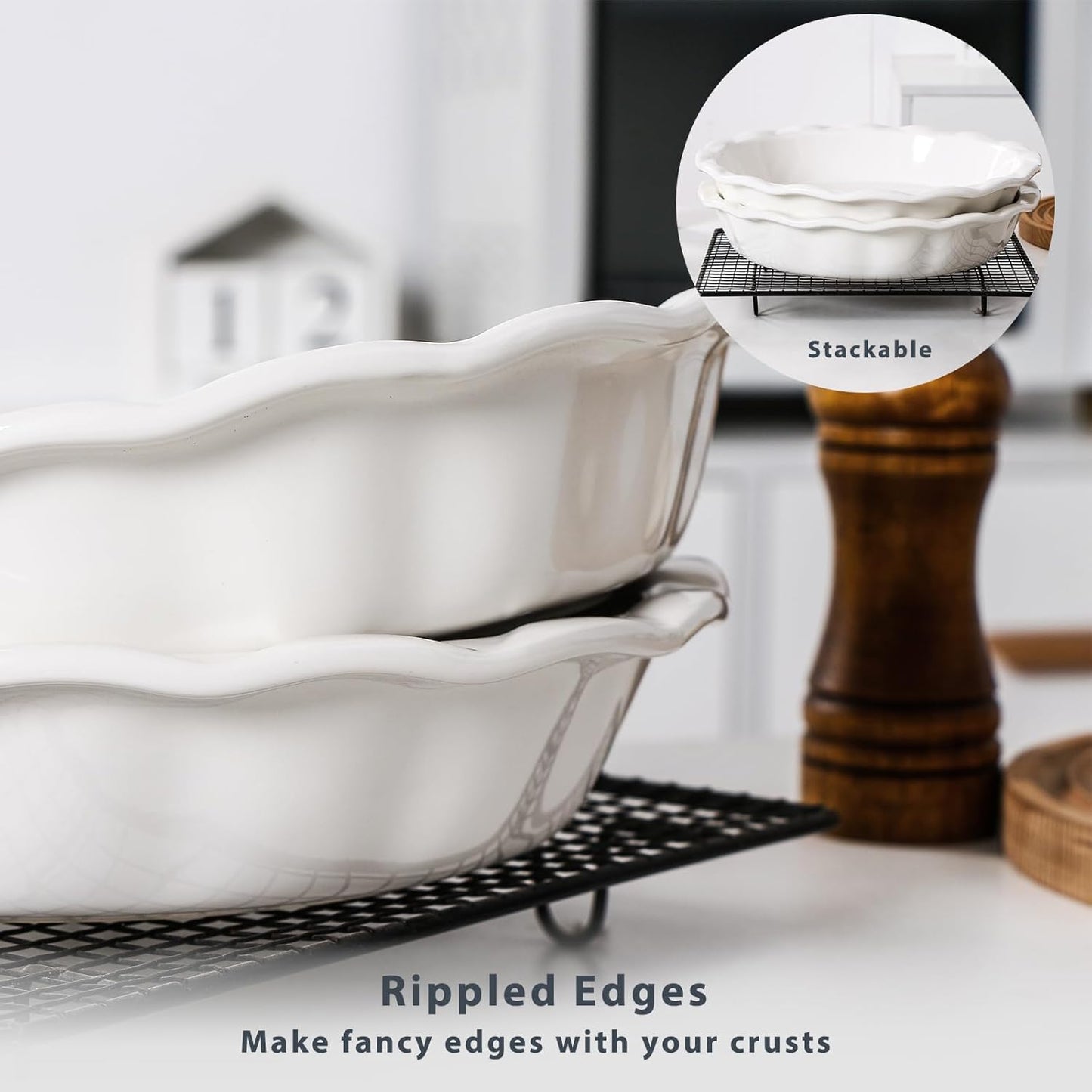 Lareina Ceramic Pie Pans for Baking, 9 Inch Deep dish pie plates with Ruffled Edge for Apple Pie, Durable Pie Dish, Non-Stick, Oven & Dishwasher Safe, Set of 2, White