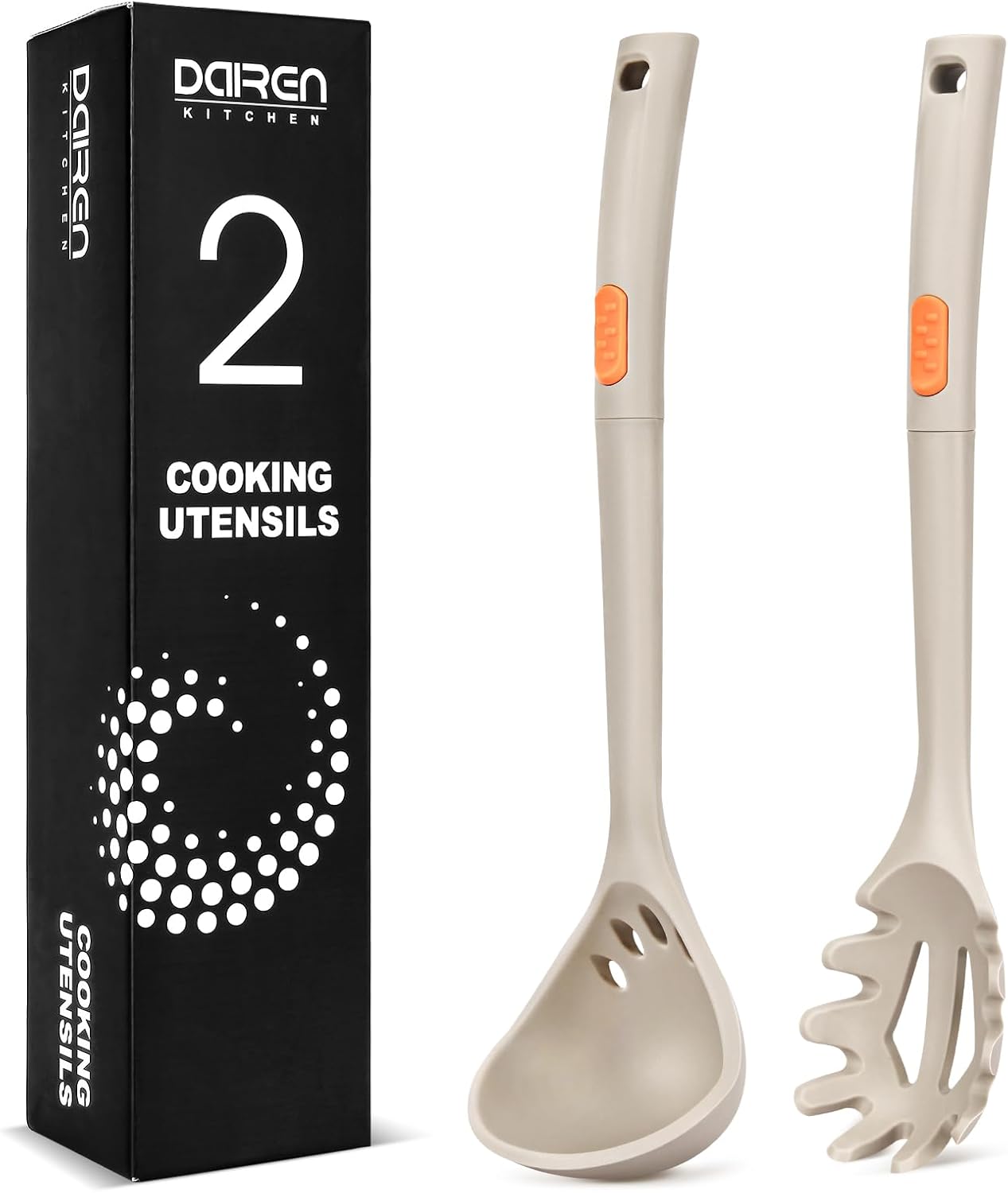 Silicone Pasta Fork and Ladle Spoon Set, Large Non Stick Kitchen Utensils for Cooking,Stirring,One Piece Serving Spaghetti, Soup, Sauce (KHAKI)
