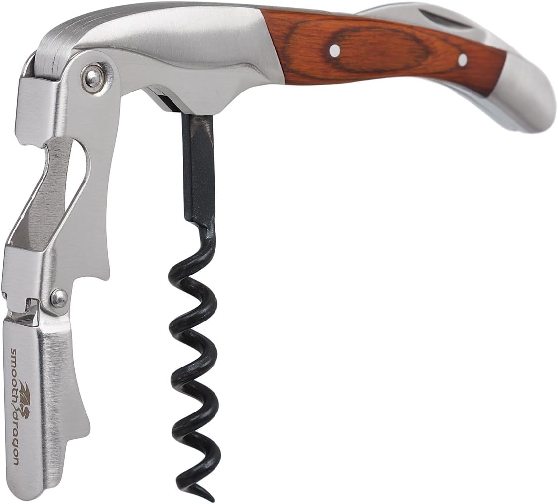 Premium Waiters Corkscrew - 3 in 1 Stainless Steel Wine Opener with Rosewood Pull Tap Handle Bottle Opener and Serrated Foil Cutter