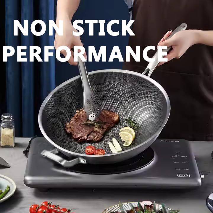 Wok Pan,Hybrid Nonstick 12 Inch Wok with Lid,Induction Non Stick Stainless Steel Large Deep Woks&Stir-Fry Pans,Frying Pan,Stay-Cool Handle Skillets,PFOA Free,12 Inch Wok