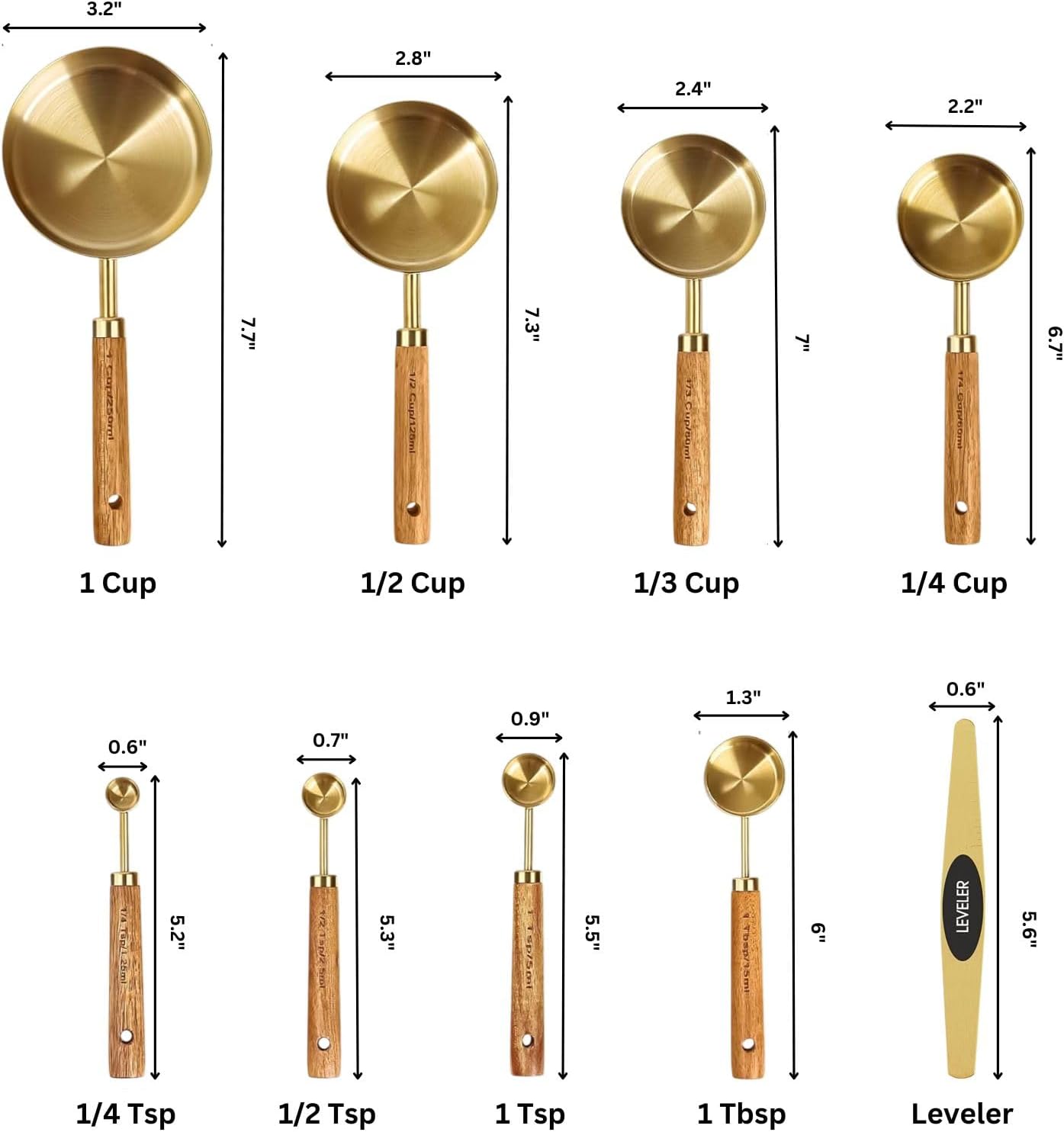 NAZANIN 9-Piece Gold Measuring Cups and Spoons Set – Acacia Wood & Gold Stainless Steel, Premium Baking Tools with Leveler for Kitchen, Cooking & Baking