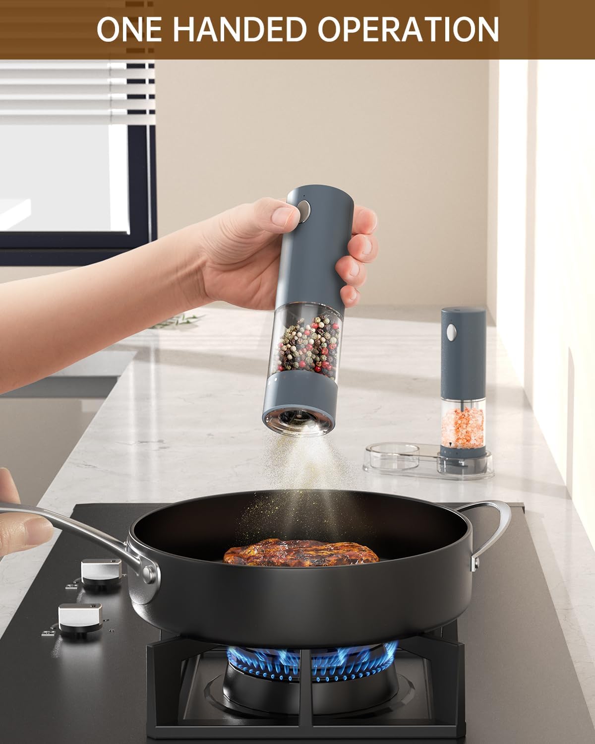 CIRCLE JOY Electric Salt and Pepper Grinder Set Rechargeable Salt and Pepper Mills with Storage Base, Adjustable Coarseness and LED White Light, Washable 95ml Container, Blue