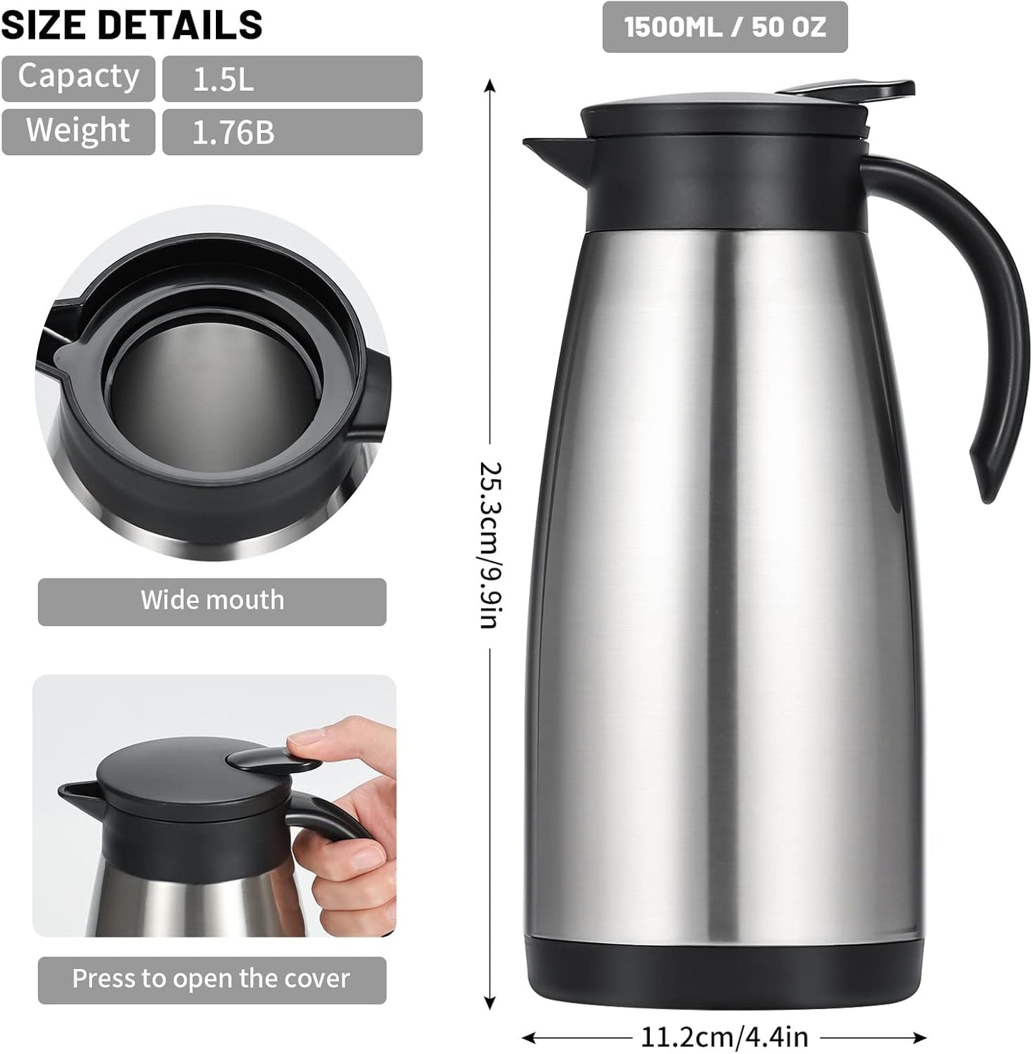 50 Oz Insulated Coffee Carafe, Stainless Steel and Double Walled Vacuum Thermal Coffee Carafe Pot for Keeping Hot, Coffee & Tea For 12 Hours Heat Retention, Silver