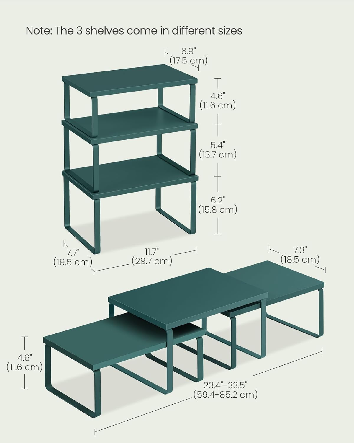 SONGMICS Cabinet Organizer Shelf, Set of 3 Kitchen Counter Shelves, Kitchen Storage, Spice Rack, Stackable, Expandable, Cascade Green UKCS220C01V1