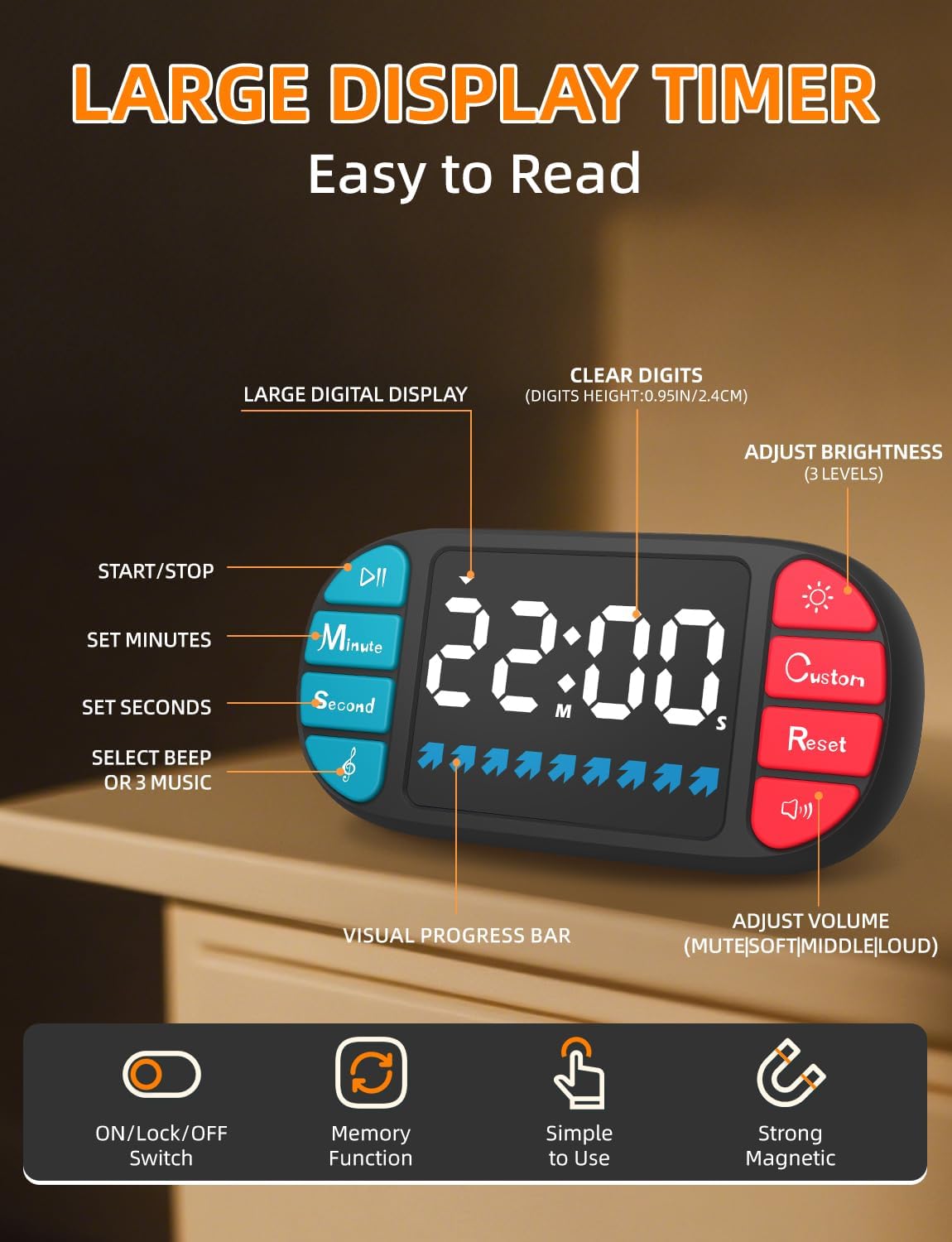 DOOMAY Digital Kitchen Visual Timer: 3.6'' Large LED Display, Magnetic, 3 Brightness, 4 Alarms, 4 Volume, Memory Function, Countdown Count up for Cooking, Classroom, Gym, AAA Battery Included (Black)
