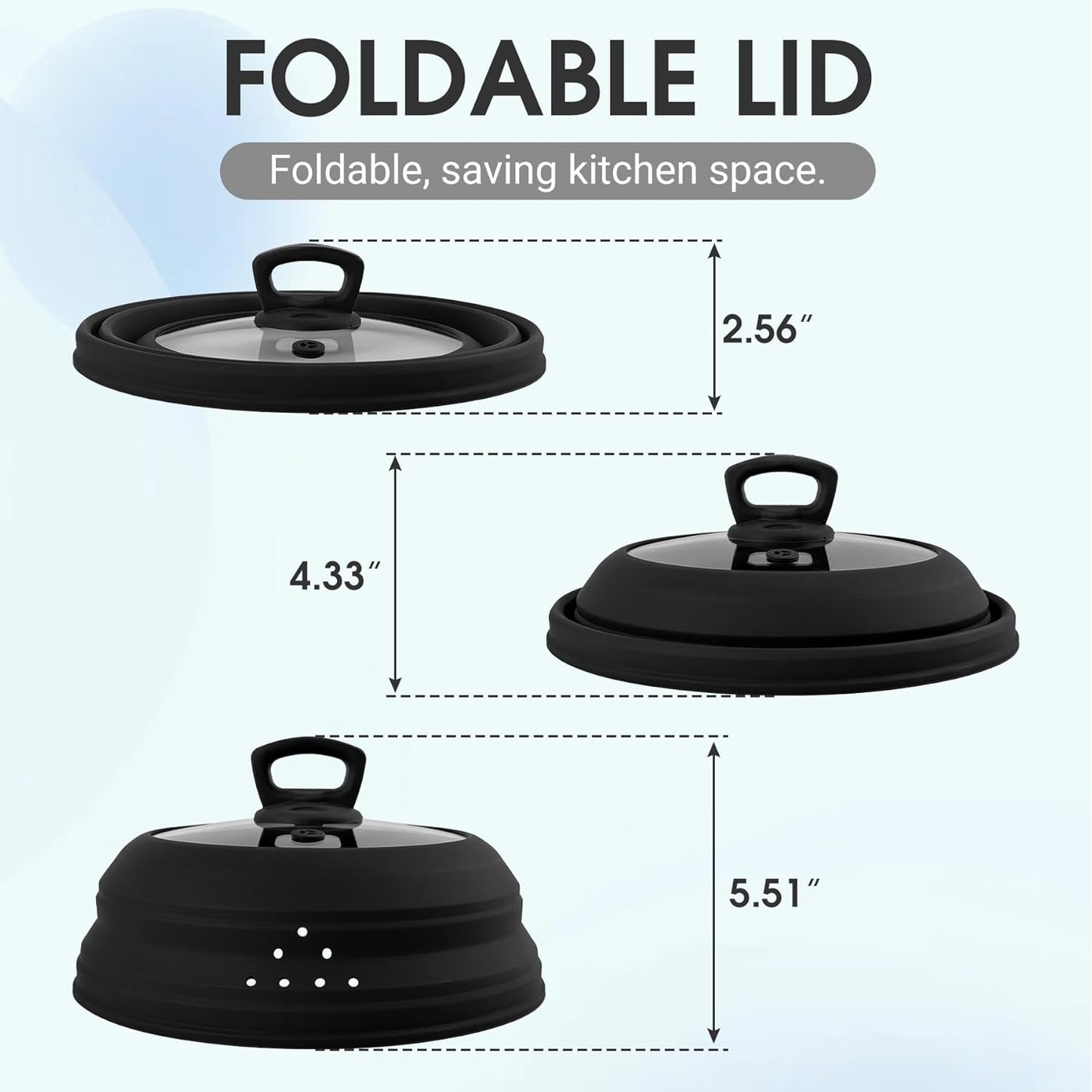 Microwave Splatter Cover Collapsible Silicone & Tempered Glass 10.8 Inch Microwave Cover for Food Splatter Guard with Steam Vents Dishwasher Safe Fits Bowls, Plates & Pots (Black)