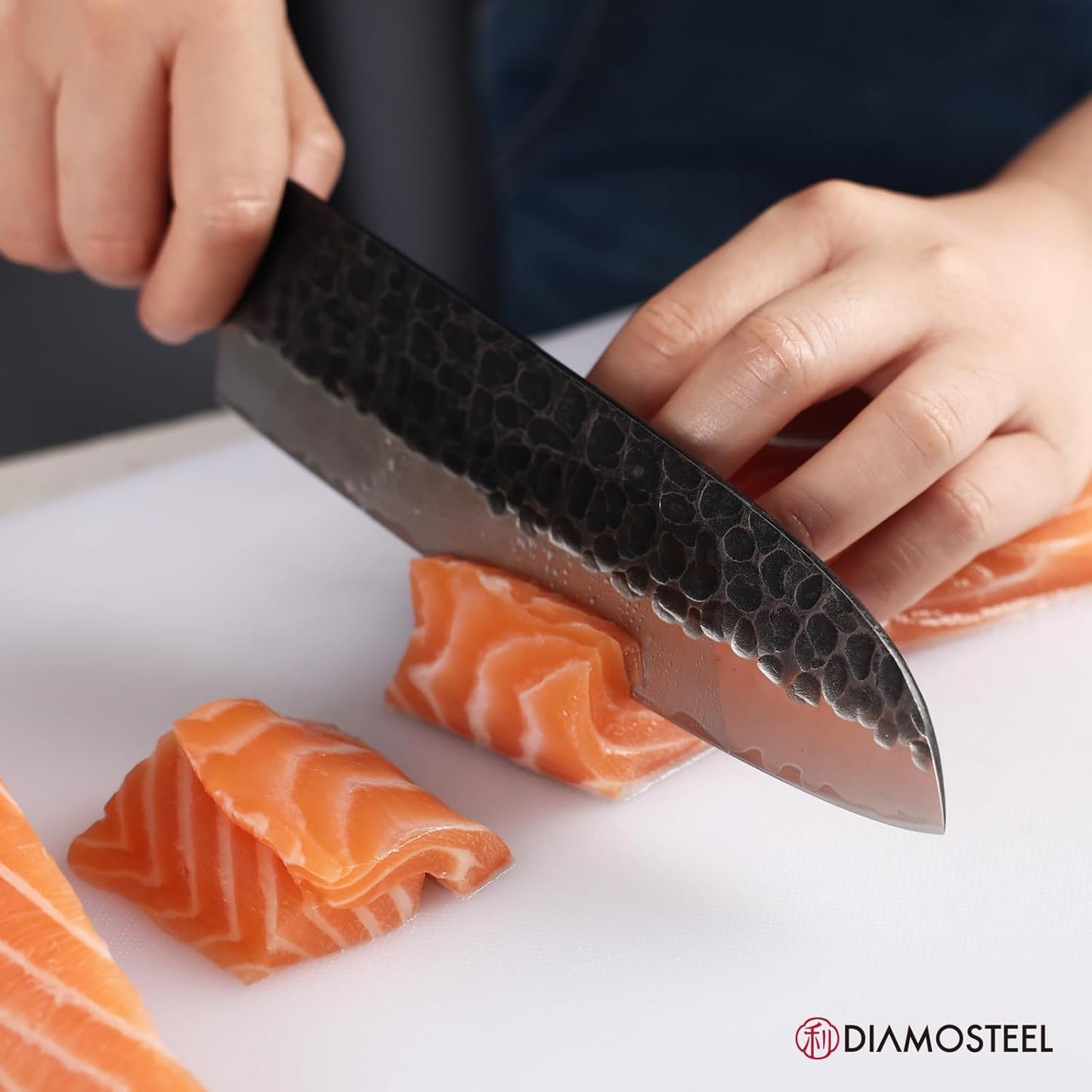 Santoku Knife - 7-Inch Professional Kitchen Knife - Hammered Black Oxide Blade Japanese 9CR18MOV High Carbon Stainless Steel Sharp Chef Knife - Ergonomic Pakkawood Handle with Present Box