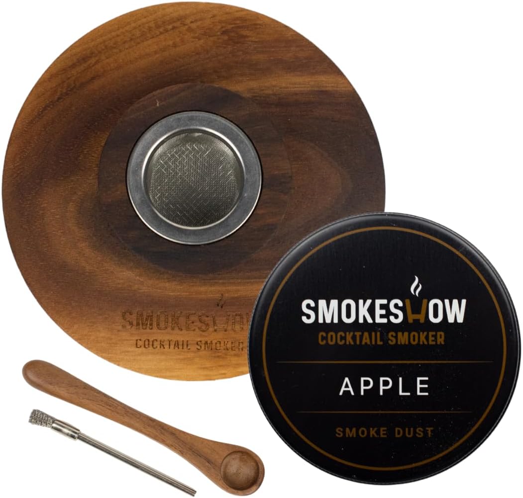 Premium Walnut Wood Cocktail Smoker with One 4 oz Tin of Wood Chips. Great for Whiskey & Old Fashion. Coated in Safe Food Natural Beeswax, Non-toxic Top by Smokeshow (Apple)