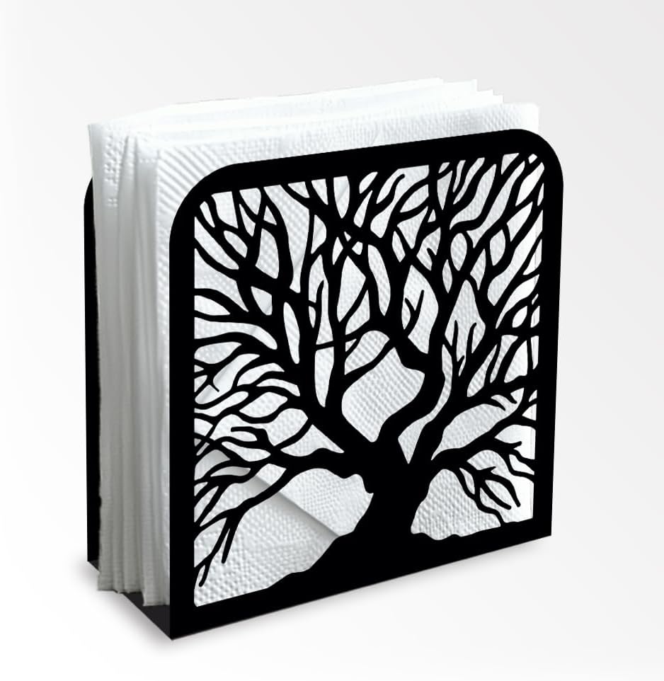 Tree Trunk Decorative Black Metal Napkin Holder for Table, 4.9" x 4.9" x 1.9" Standing Napkin Holder for Home Kitchen Restaurant Picnic Party Coffee Bar Dining Room