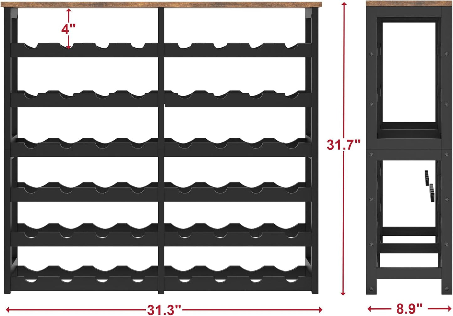6 Tier Bamboo Wine Rack with Table Top, Freestanding 48-Bottle Wine Storage Shelf, Wine Display for Kitchen, Bar, Dining Room, Living Room, Rustic Brown and Black