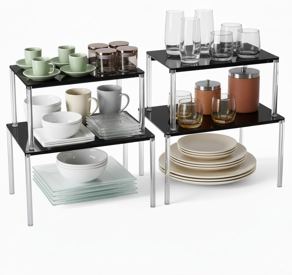 Cabinet Organizer Acrylic Spice Rack, 4 Pack Stackable Shelf Riser for Kitchen Pantry Countertop, Expandable Storage Organizer for Bathroom Office
