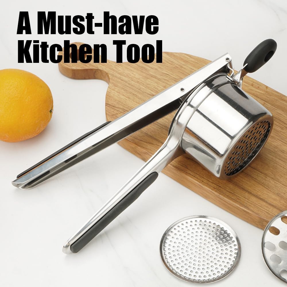 Potato Ricer and Masher, Heavy Duty Large Stainless Steel Potato Masher with 3 Interchangeable Discs Kitchen Gadget Finds for Home and Commercial Use