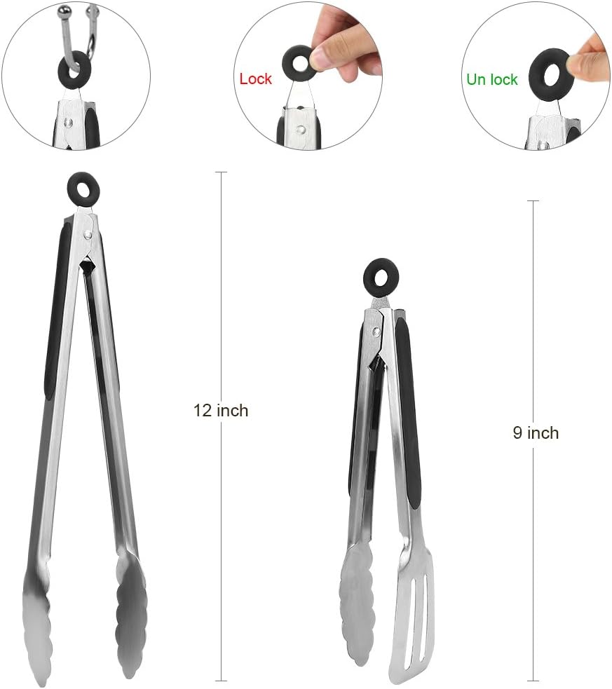 Kitchen Tongs, Joinkitch Stainless Steel Cooking Tongs Set 2 pack (12-inch.9-inch) With Heat Resistant Handle For Kitchen Outdoor Barbeque Salad Fish Thick Steak