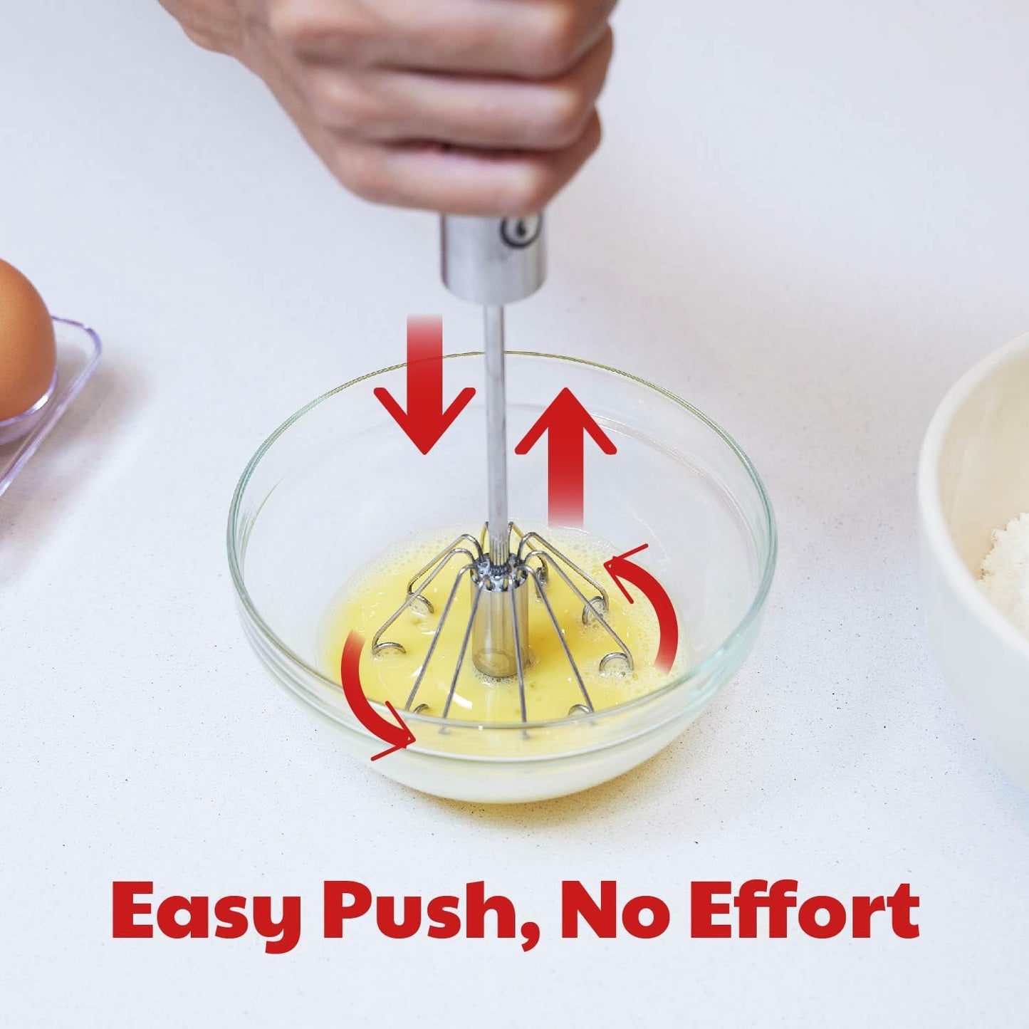 Stainless Steel Egg Whisk - Easy to Use Semi-automatic Push-Down Zip Whisker - Rotary Hand Mixer for Beating Eggs, Frothing Milk, Blending, Mixing, Whipping Smoothies & Shakes - 2 Pack (12 &14 Inch)