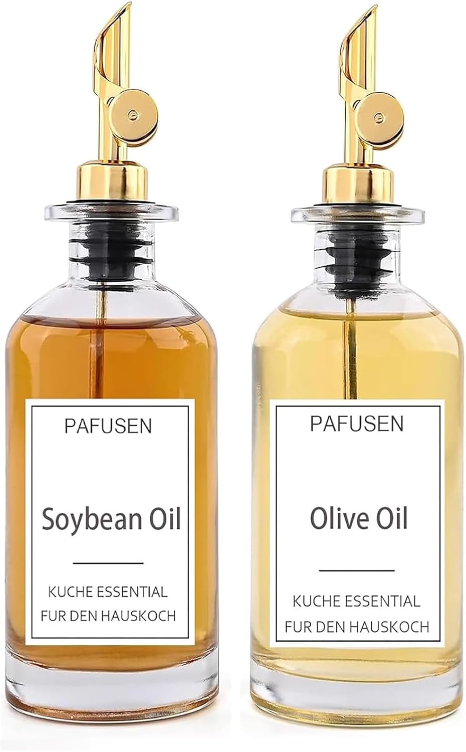 Pafusen 2 Pack Olive Oil Dispenser Bottle, 12 oz Oil Bottles for Kitchen, Glass Oil Coffee Syrup Dispenser, Simple Syrup Bottles with 2 Auto Flip Olive Oil Pourers, Gold