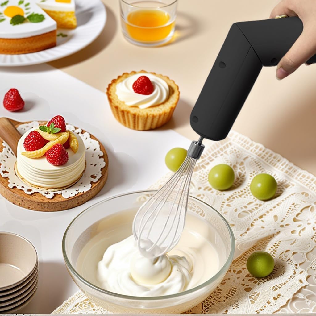 Cordless Hand Mixer, Foldable Design Handheld Electric Whisk with 3 Speed Modes, Hand Held Egg Beater with 2 Detachable Stir Whisks (Black)