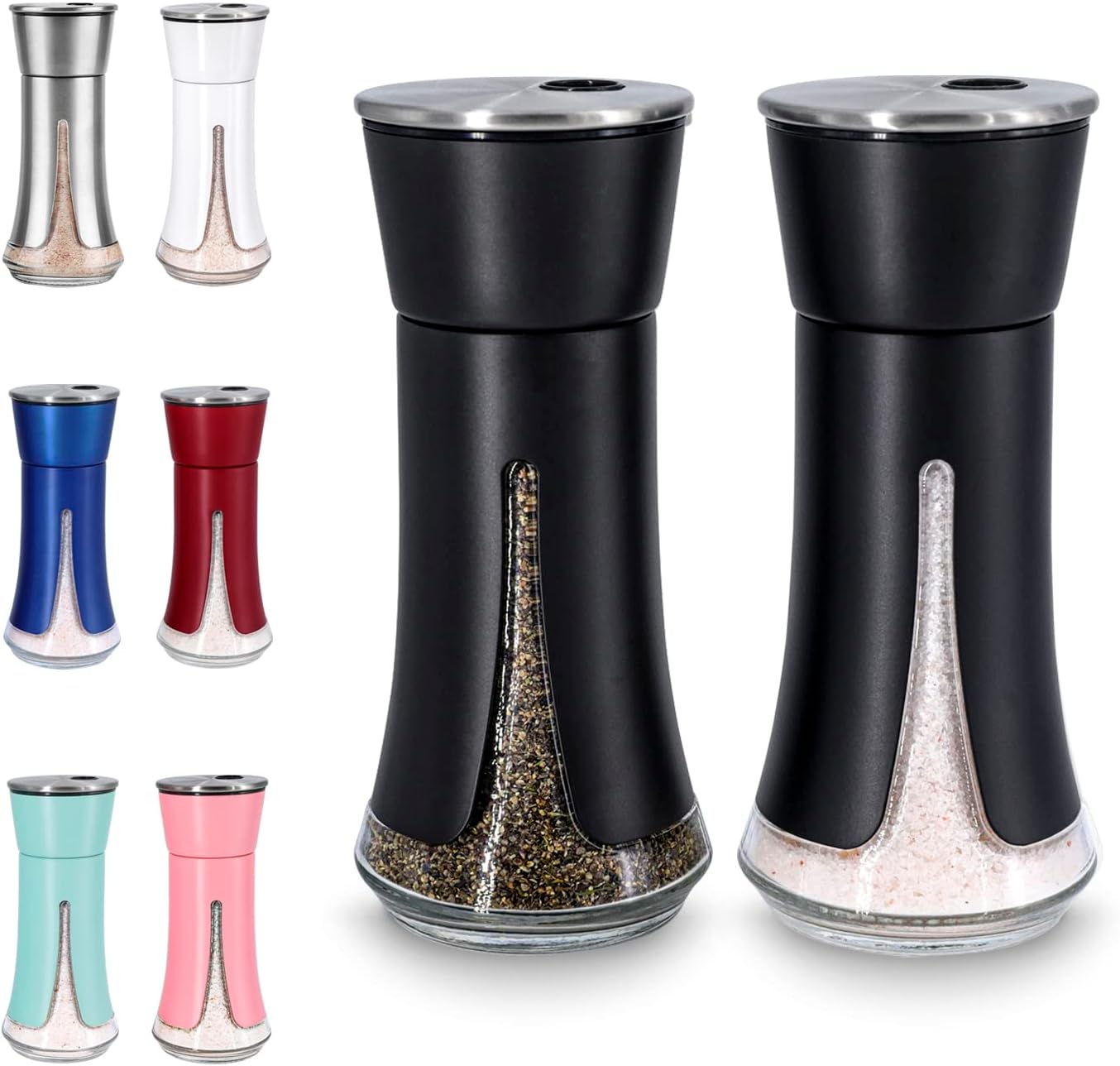 Black Salt and Pepper Shakers by Aelga, Salt Shaker with Adjustable Pour Holes, Black Kitchen Accessories, Decor for Kitchen,Restaurants,Camp,BBQ