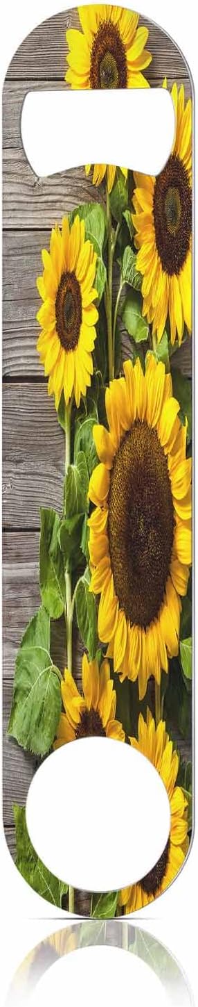 Sunflowers Stainless Steel Bottle Opener Wooden Board Yellow Flower Rustic Fence Natur Color Simple Flat Beer Bottle Opener Keychain for Home Kitchen Bar Restaurant Party Birthday Gift