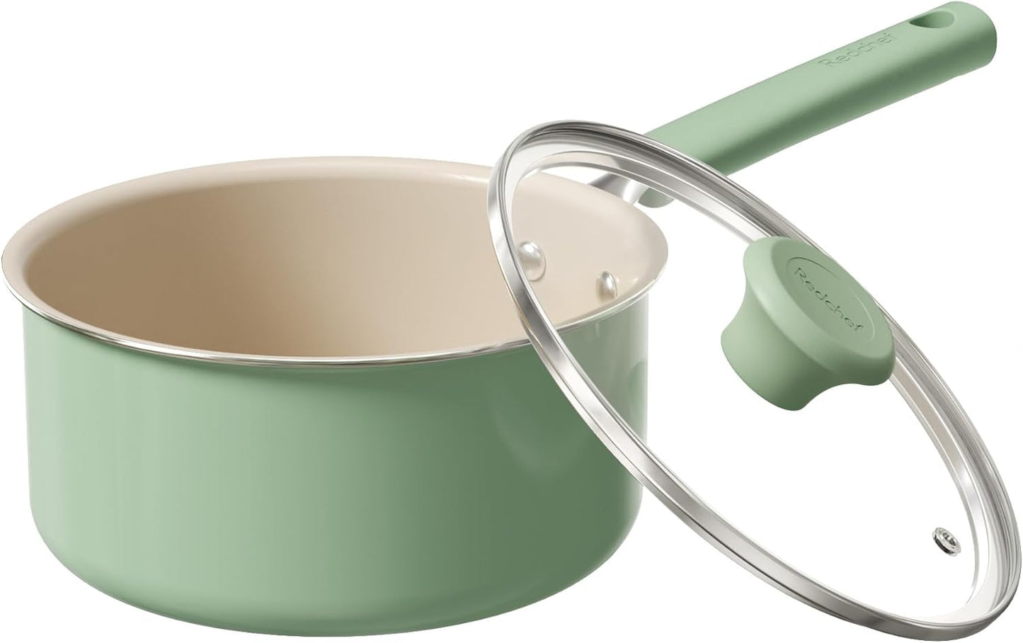 Redchef Ceramic Nonstick Saucepan with Lid, 2.5QT Small Cooking Pot, Non Toxic Sauce Pans for Kitchen, Cool Handle PFAS Free Compatible with All Cooktops, Green