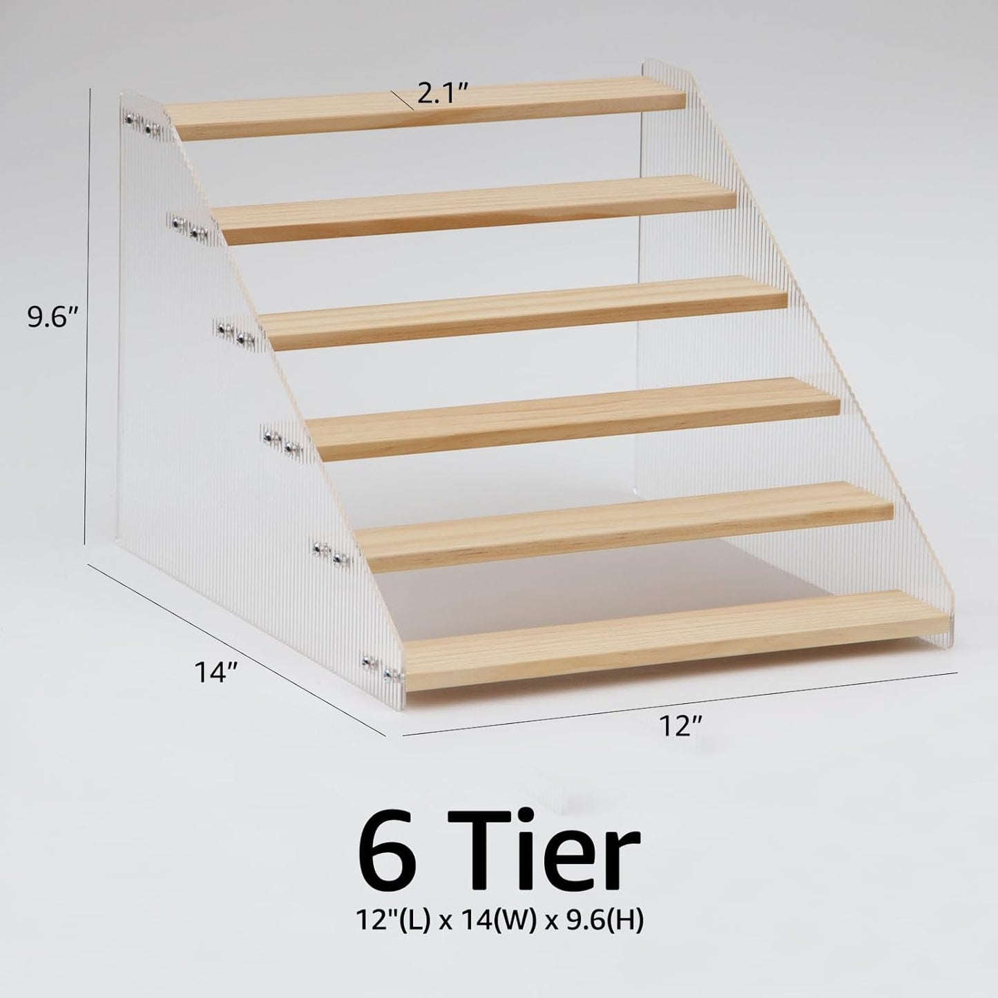 nianfeng Tiered Spice Rack, 6-Tier Spice Pantry Kitchen Cabinet Organizer, 12-Inch, Natural Wood Acrylic Stair Riser Stand, Countertop Seasoning Shelf