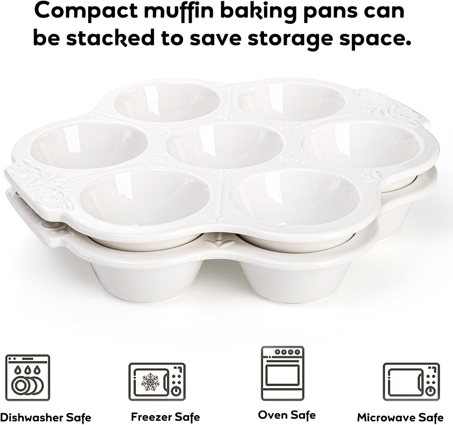 Youeon 2 Pack Ceramic Muffin Pans 7 Cups, Nonstick White Floral Cupcake Baking Pan with Handle, Muffin Tins for Muffins, Cupcakes, Tarts, Mini Cheesecakes, Oven and Dishwasher Safe