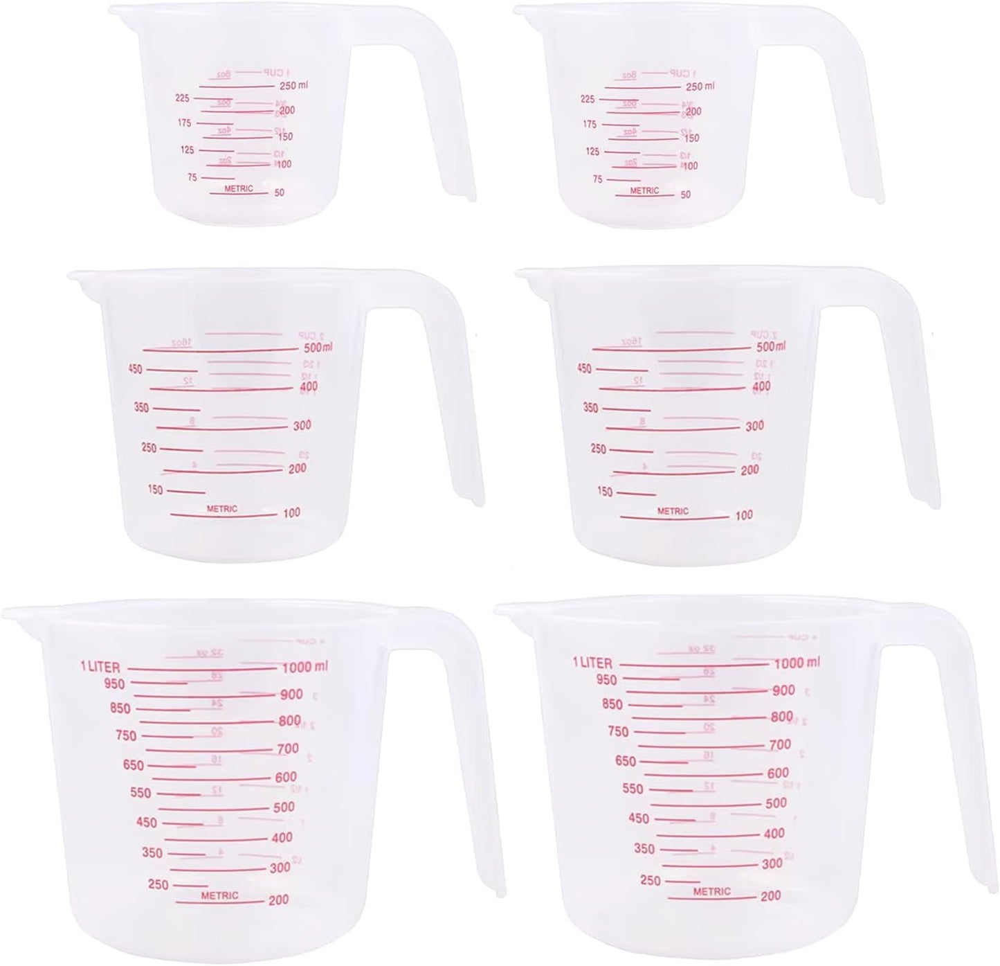 Unbreakable Plastic Measuring Cups 6 Piece Food-Grade Measuring Jugs, 250ml/500ml/1000ml- Capacity, Stackable and Dishwasher-Safe, Great for Oil, Vinegar, Flour, More Essential Kitchen Tools