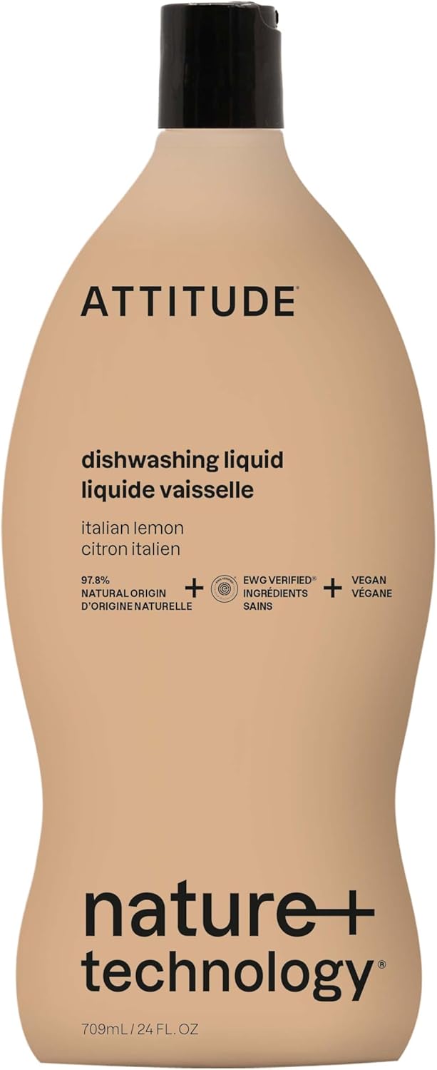 ATTITUDE Dish Soap, EWG Verified, Plant-Based & Vegan Dishwashing Liquid, Naturally Derived, Italian Lemon Scent, 24 Fl Oz