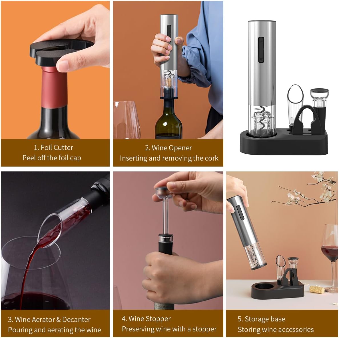 CIRCLE JOY 5-in-1 Electric Wine Opener Set Rechargeable Stainless Steel Automatic Corkscrew Wine Bottle Opener Set with Foil Cutter, Wine Aerator Pourer, Vacuum Wine Stopper and Storage Base, Silver