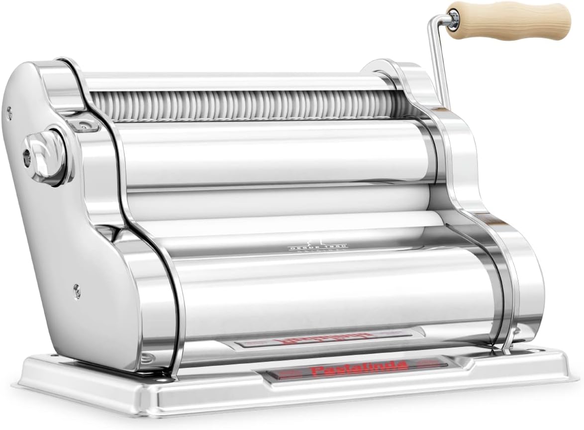 PASTALINDA Classic 260 Pasta Maker Machine, 26 cm Wide Rollers, 9 Thickness Positions, 2 Cutting Positions, Stainless Steel. Includes Reinforced Hand Crank And Two Clamps (Chrome)