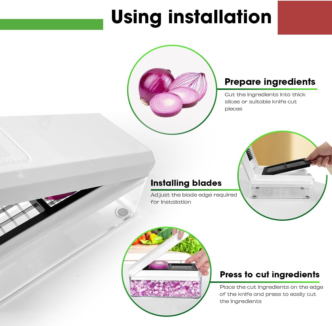 Vegetable Chopper, Onion Chopper Dicer, Mandoline Slicer, Food Chopper with Container, Vegetable Cutter for Salad Potato Carrot Garlic（2 Blades, White Black）