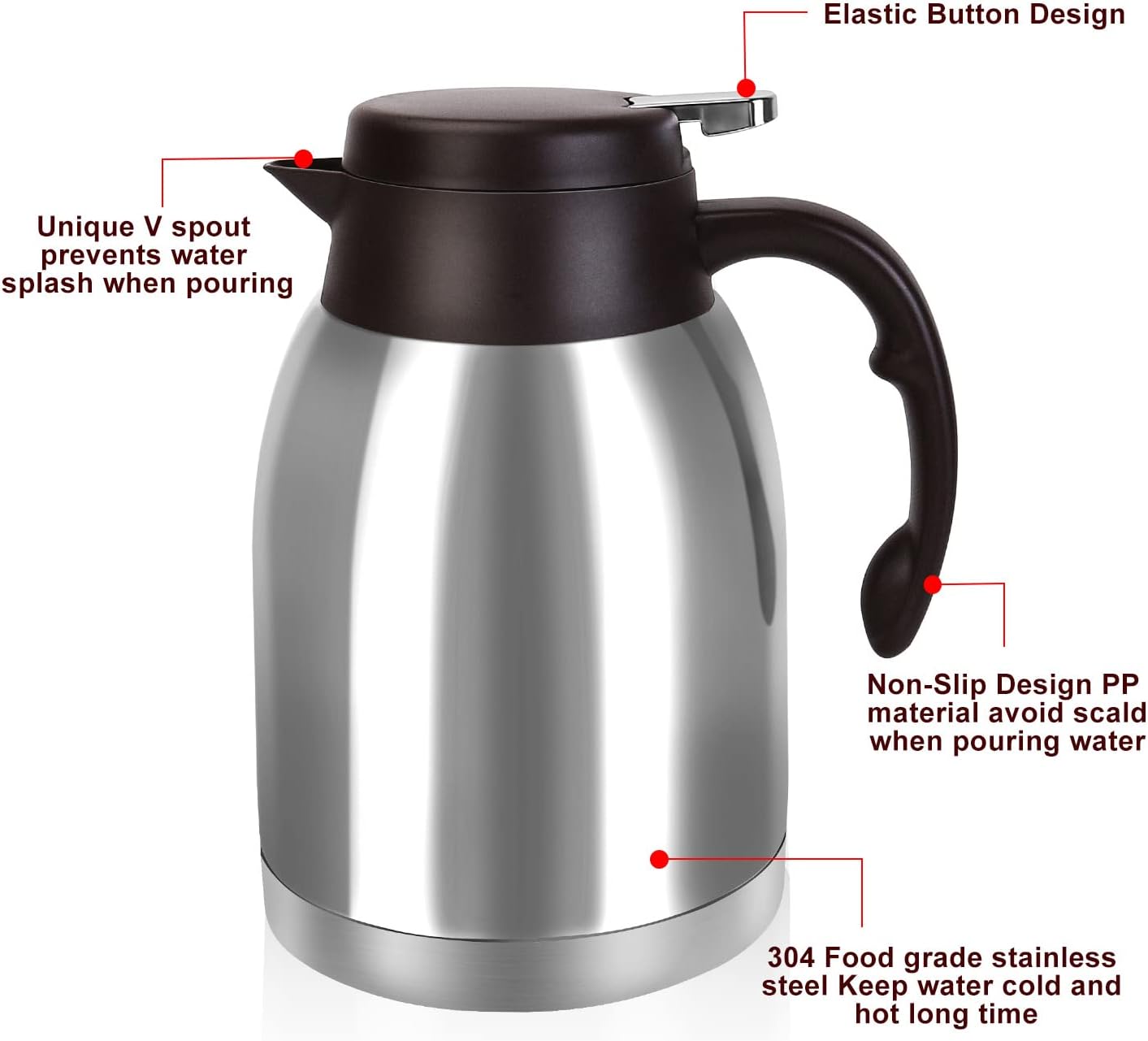 54oz Stainless Steel Thermal Coffee Carafe Dispenser, Unbreakable Double Wall Vacuum Flask 1.6L Water Tea Pot Beverage Pitcher for Cold Drinks in Summer(Classic Silver)