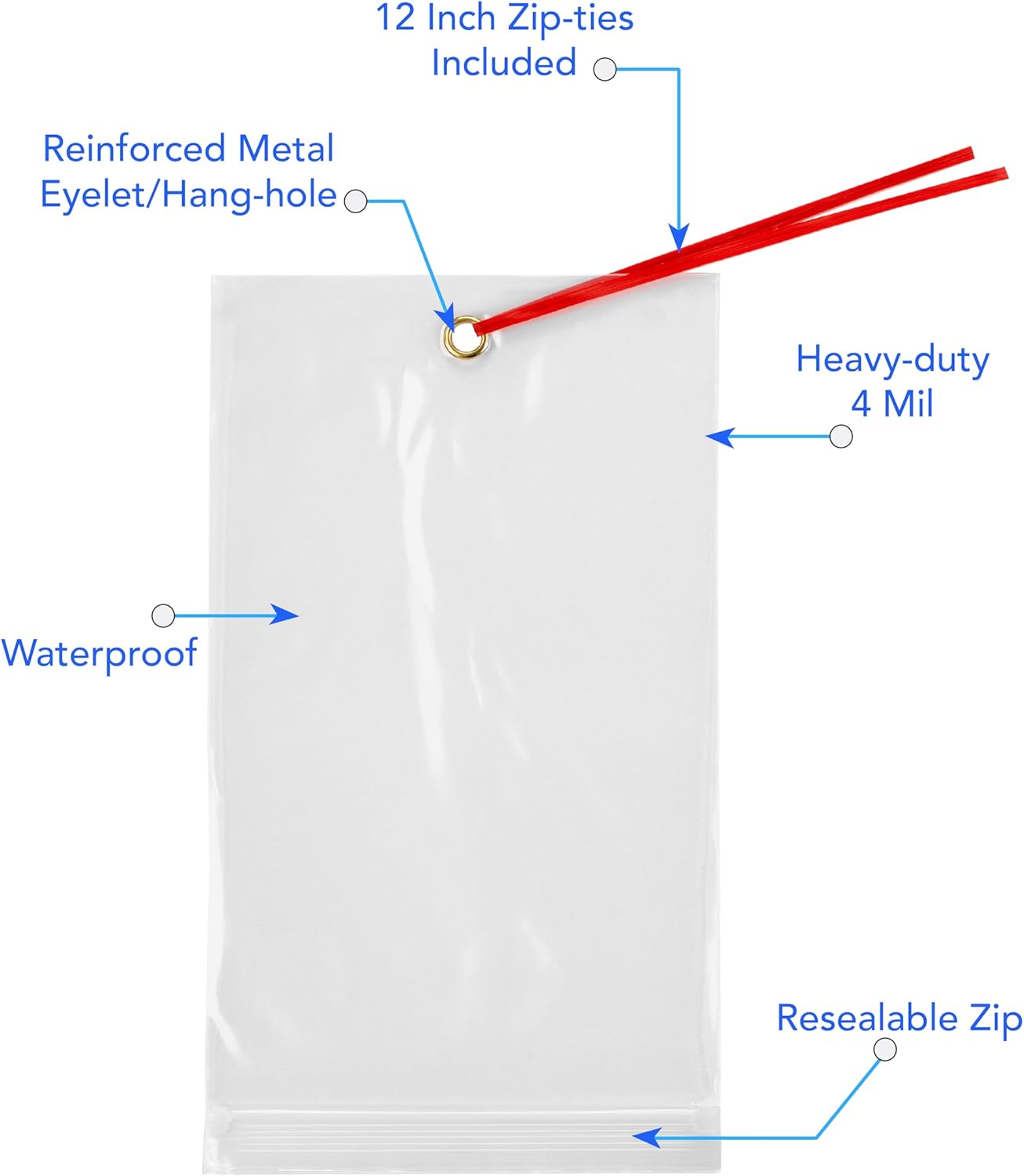 GPI - 3.5" x 6" Reclosable Zip Bags with Bottom Hang-hole & Pre-inserted 12" Twist-tie. 4 Mil Heavy-duty Resealable Zipper Baggy with Grommet/Metal Eyelet for Hanging (Insert Size 3x4.5) 1000 Pack