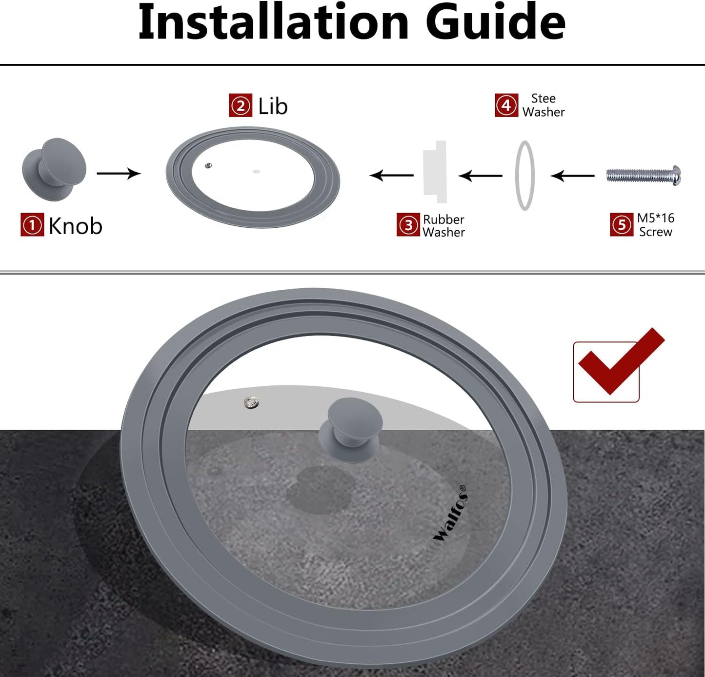 Universal Lid for Pots, Pans and Skillets - Walfos Tempered Glass Pan Lid with Heat Resistant Silicone Rim, BPA Free Large Pot Lids Fits 11", 12" and 12.5" Diameter Cookware, Dishwasher-Safe, Grey