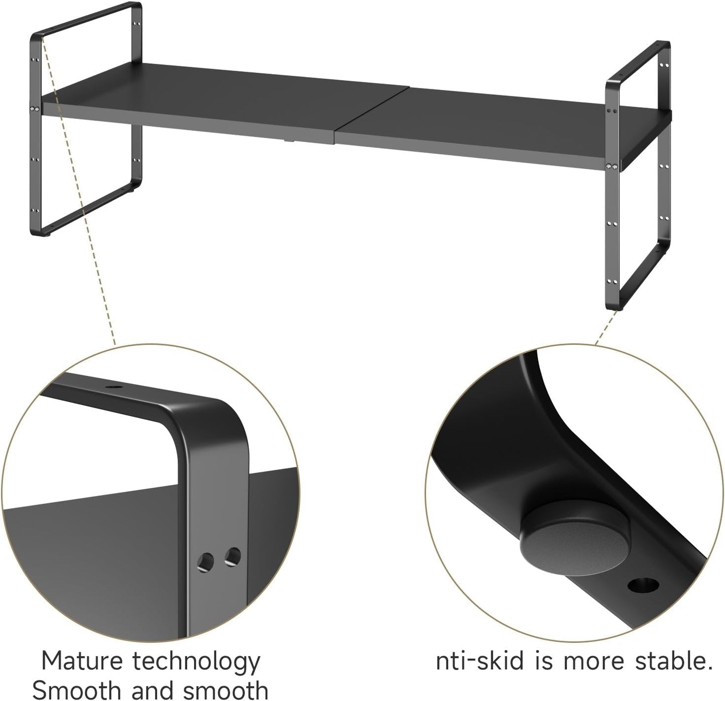 16.5~27.1" Expandable Shelf Organizer, 1Pack 8.1" Wide Stackable Cabinet Shelf Organizers, Black Metal Sturdy Kitchen Counter Storage for Countertop, Adjustable Height Spice Rack