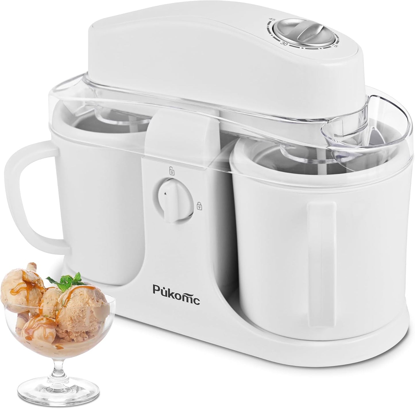 Pukomc Ice Cream Maker Machine for Home Use, with Two Ice Cream Bowls,Simple Operation and Easy to Clean,White