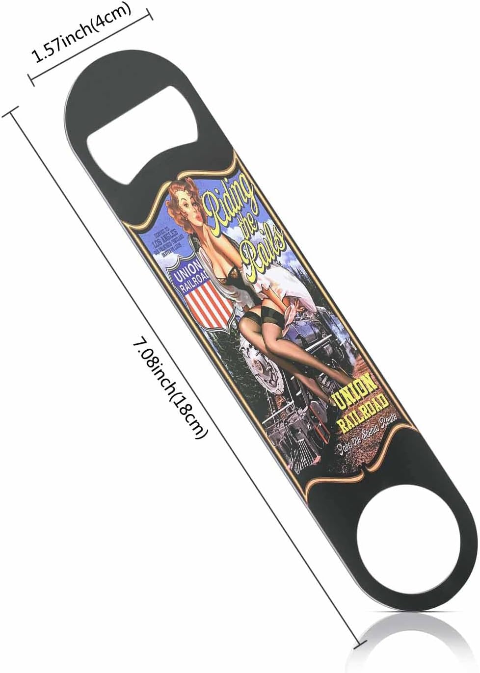 Riding The Rails Pin Up Girl Stainless Steel Bottle Opener Cute Woman with Train Union Railroad Flat Beer Bottle Opener Keychain for Home Kitchen Bar Restaurant Party Birthday Gift