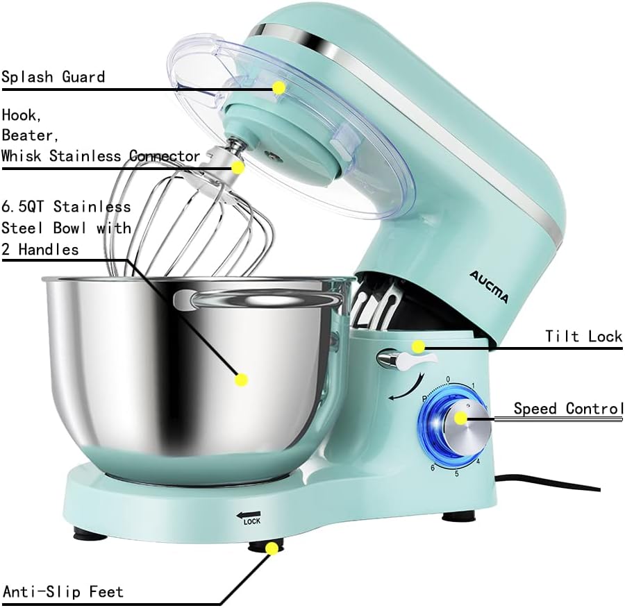 Aucma Stand Mixer,6.5-QT 660W 6-Speed Tilt-Head Food Mixer, Kitchen Electric Mixer with Dough Hook, Wire Whip & Beater (6.5QT, Blue)