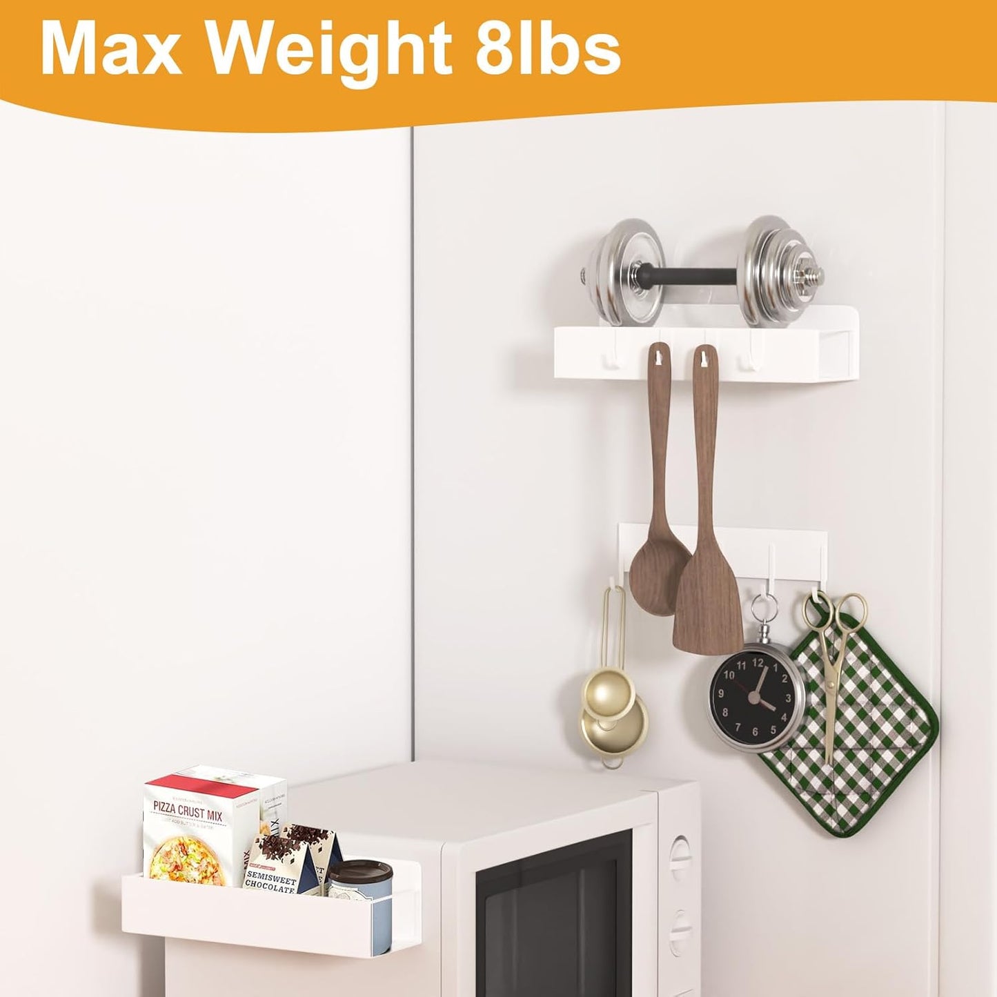 4 Pack Magnetic Spice Rack for Refrigerator,Metal Magnetic Shelf White with Paper Towel Holder,Whiteboard,3 Markers,4 Hooks,Space Saving for Home,Kitchen